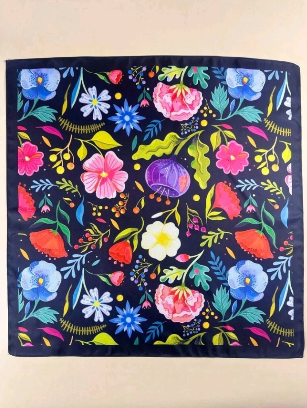 Floral Multicolor Satin Scarf on Black Background Summer Beach Festival Vacation